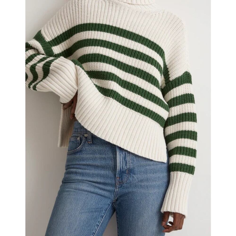 Madewell | NEW Wide Rib Turtleneck Sweater in Varsity Green/White Stripe Preppy - Picture 5 of 15